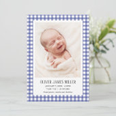Blue Gingham Baby Geboortekaartje Fotokaart Aankondiging (Staand voorkant)