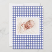 Blue Gingham Baby Geboortekaartje Fotokaart Aankondiging (Achterkant)