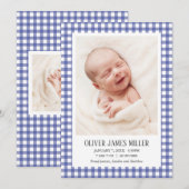 Blue Gingham Baby Geboortekaartje Fotokaart Aankondiging (Voorkant / Achterkant)