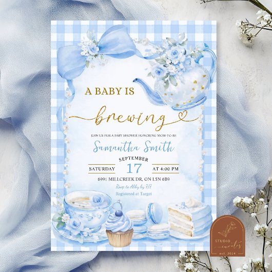 Blue Gingham Baby is Brewing Baby Shower Kaart
