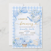 Blue Gingham Baby is Brewing Baby Shower Kaart (Voorkant)