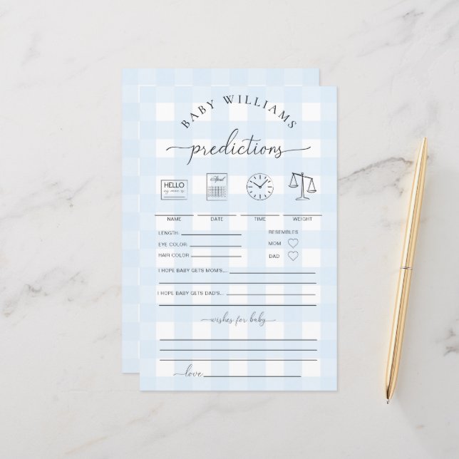 Blue Gingham Baby Predictions Game (Voorkant / Achterkant in situ)
