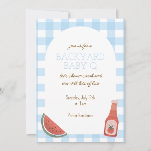 Blue Gingham Baby-Q Baby Shower Invitation Kaart (Voorkant)