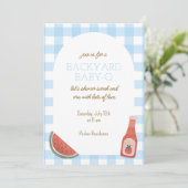Blue Gingham Baby-Q Baby Shower Invitation Kaart (Staand voorkant)