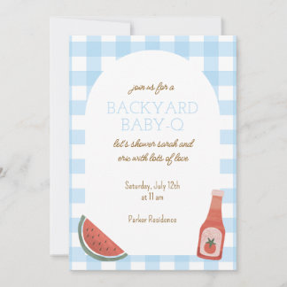 Blue Gingham Baby-Q Baby Shower Invitation Kaart