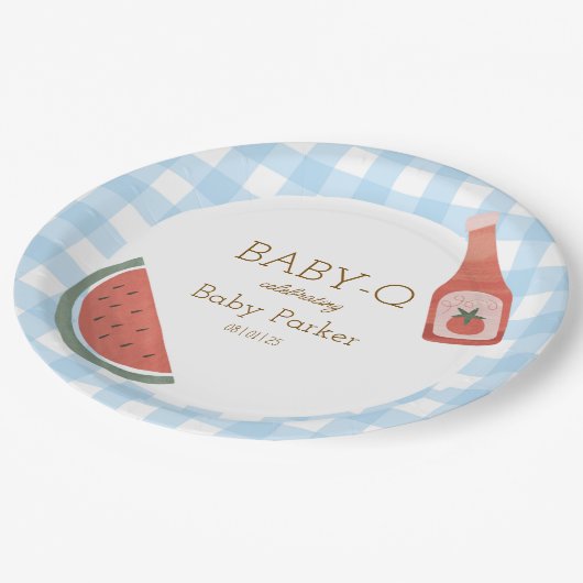 Blue Gingham Baby-Q Circular Plate Papieren Bordje (Gekanteld)