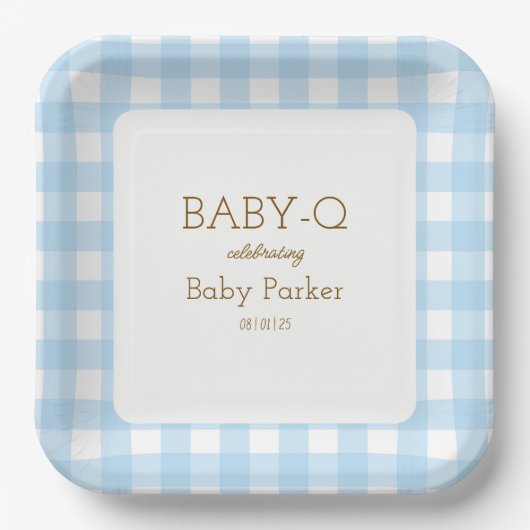 Blue Gingham Baby-Q Square Plate 2 Papieren Bordje (Voorkant)