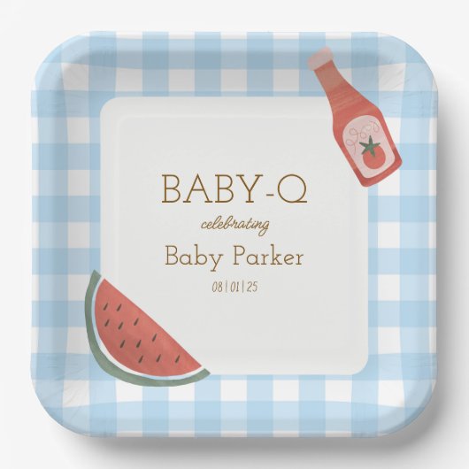 Blue Gingham Baby-Q Square Plate Papieren Bordje (Voorkant)
