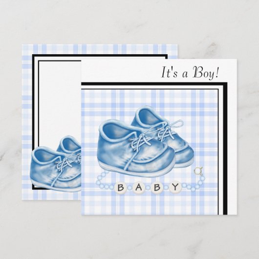 Blue Gingham Baby Shoes Zwart Blauw Baby Boy Showe Kaart (Voorkant / Achterkant)