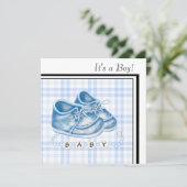 Blue Gingham Baby Shoes Zwart Blauw Baby Boy Showe Kaart (Staand voorkant)