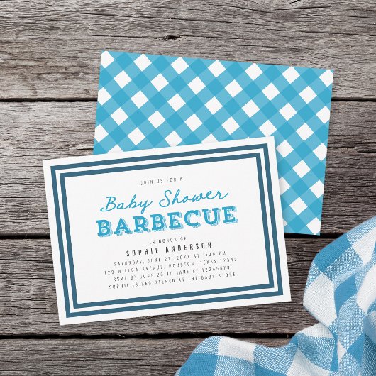 Blue Gingham Baby shower Barbecue Kaart