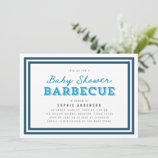 Blue Gingham Baby shower Barbecue Kaart (Staand voorkant)