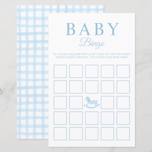 Blue Gingham Baby shower Bingo Game Kaart (Voorkant / Achterkant)