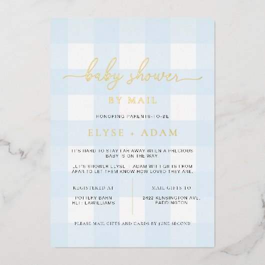 Blue Gingham Baby shower by Mail Folie Invitation Folie Uitnodiging (Voorkant)