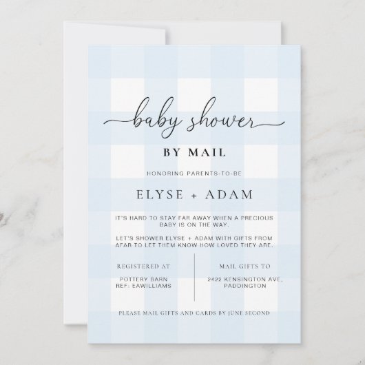 Blue Gingham Baby shower by Mail Invitation Kaart (Voorkant)