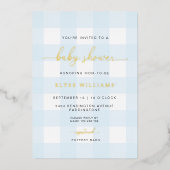 Blue Gingham Baby shower Gold Foil Invitation Folie Uitnodiging (Voorkant)
