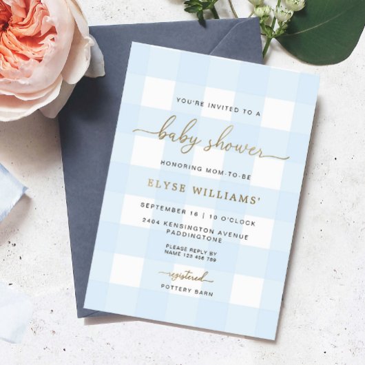 Blue Gingham Baby shower Gold Foil Invitation Folie Uitnodiging