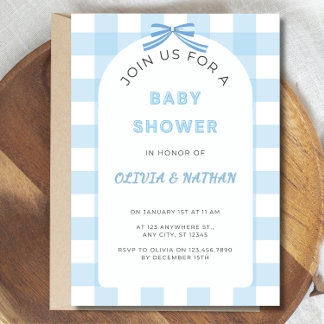 Blue Gingham Baby Shower Invitation, Blue Baby Boy Kaart