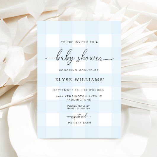 Blue Gingham Baby shower Invitation Kaart