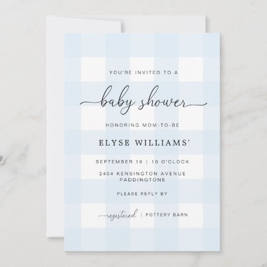 Blue Gingham Baby shower Invitation Kaart (Voorkant)