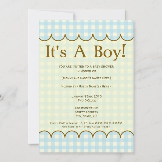 Blue Gingham Baby shower Invitation Kaart (Achterkant)