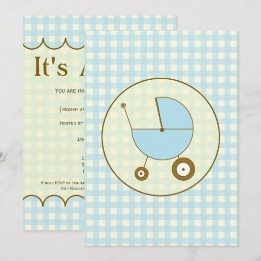 Blue Gingham Baby shower Invitation Kaart (Voorkant / Achterkant)