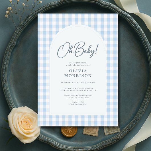 Blue Gingham Baby Shower Kaart