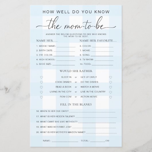 Blue Gingham Baby shower kent het mam-to-be-spel (Voorkant)