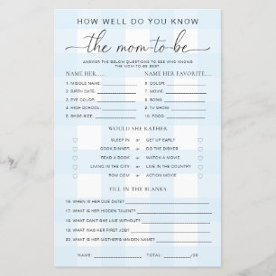 Blue Gingham Baby shower kent het mam-to-be-spel
