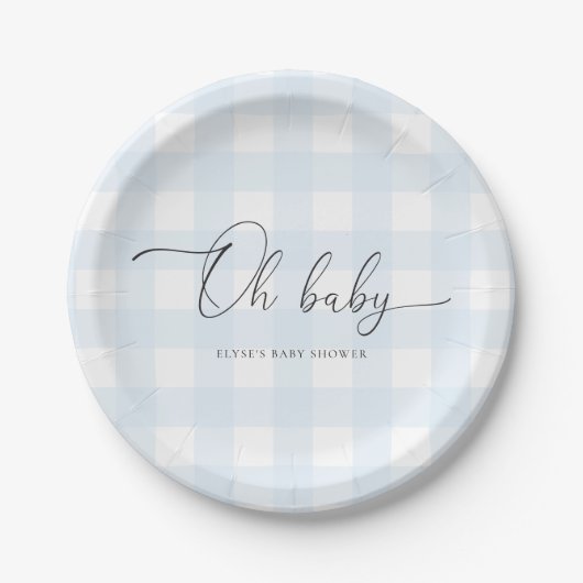 Blue Gingham Baby shower Papieren Bordje (Voorkant)