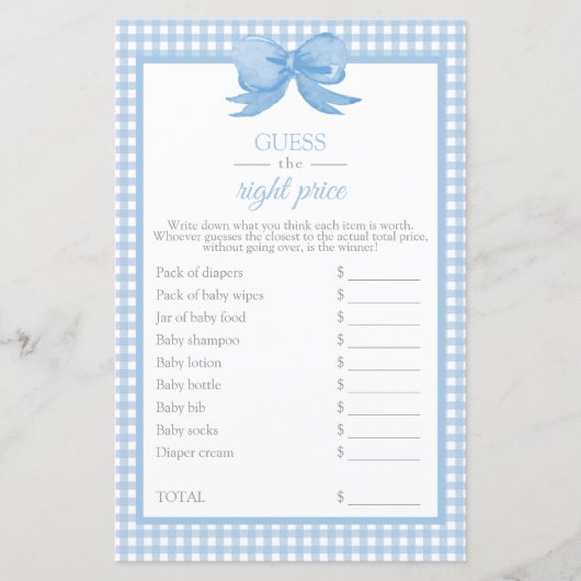 Blue Gingham Baby shower raadt het prijsspel (Voorkant)