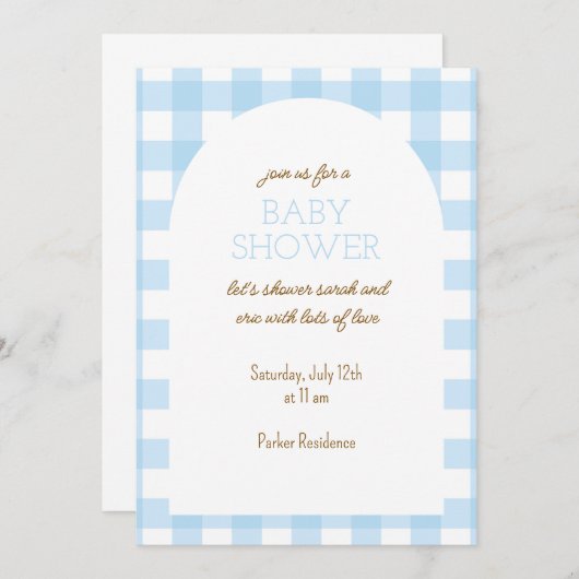 Blue Gingham Baby shower Uitnodiging (Voorkant / Achterkant)