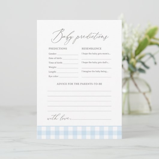 Blue Gingham Baby shower voorspellingen en advies Kaart (Staand voorkant)