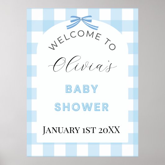 Blue Gingham Baby Shower Welcome Sign Poster  (Voorkant)