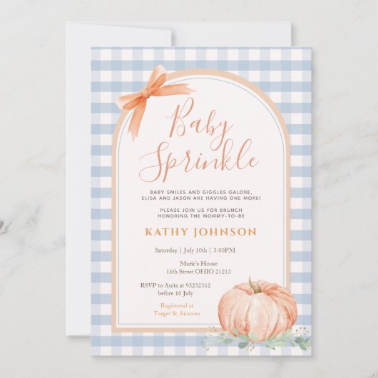 Blue Gingham Baby Sprinkle Pumpkin Baby shower Kaart (Voorkant)
