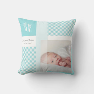 Blue Gingham Baby Voetafdrukken Geboortefoto Kussen