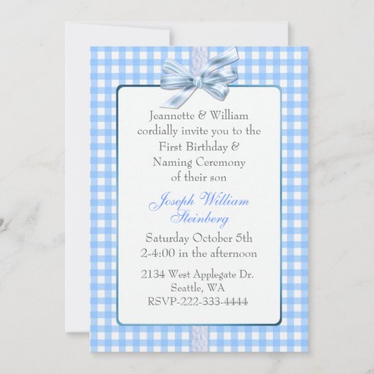 Blue Gingham Baby's Birthday en Naming Ceremonie Kaart (Voorkant)