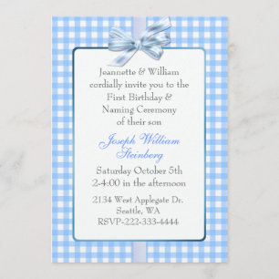 Blue Gingham Baby's Birthday en Naming Ceremonie Kaart