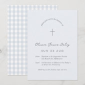 Blue Gingham Baptism Christening Cross Uitnodiging (Voorkant / Achterkant)