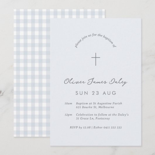 Blue Gingham Baptism Christening Cross Uitnodiging (Voorkant / Achterkant)