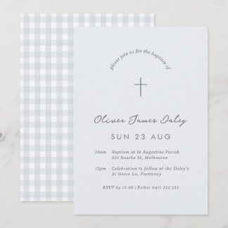 Blue Gingham Baptism Christening Cross Uitnodiging
