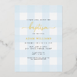 Blue Gingham Baptism Gold Foil Invitation Folie Uitnodiging