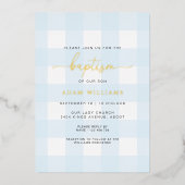 Blue Gingham Baptism Gold Foil Invitation Folie Uitnodiging (Voorkant)