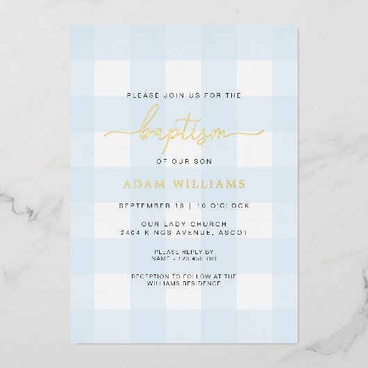 Blue Gingham Baptism Gold Foil Invitation Folie Uitnodiging (Voorkant)