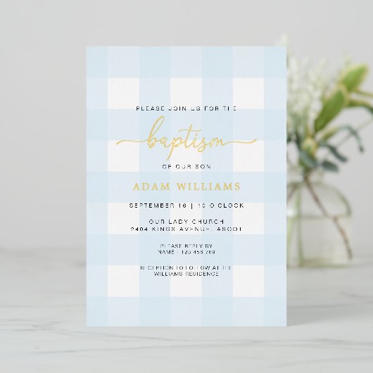 Blue Gingham Baptism Gold Foil Invitation Folie Uitnodiging (Staand Voorkant)