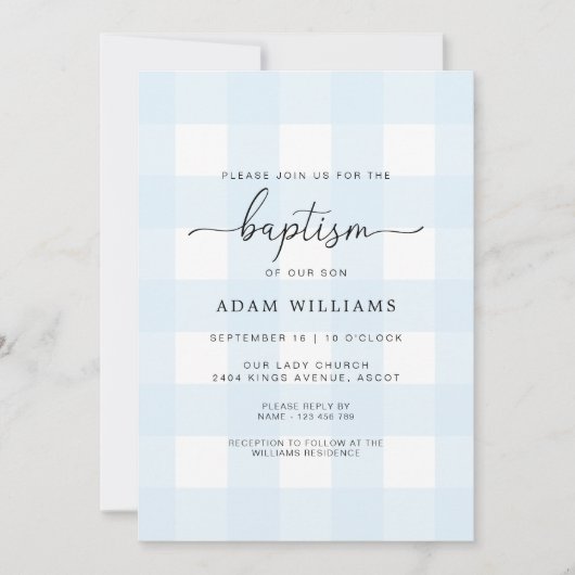 Blue Gingham Baptism Invitation Kaart (Voorkant)