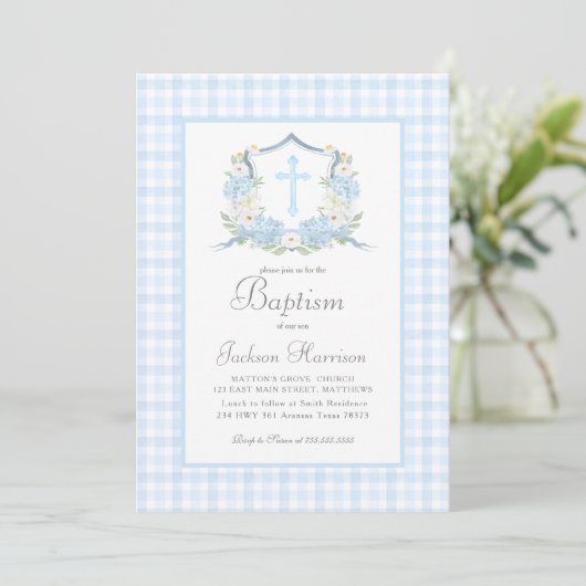 Blue Gingham Baptism Uitnodiging, Jongensdoop Kaart (Staand voorkant)