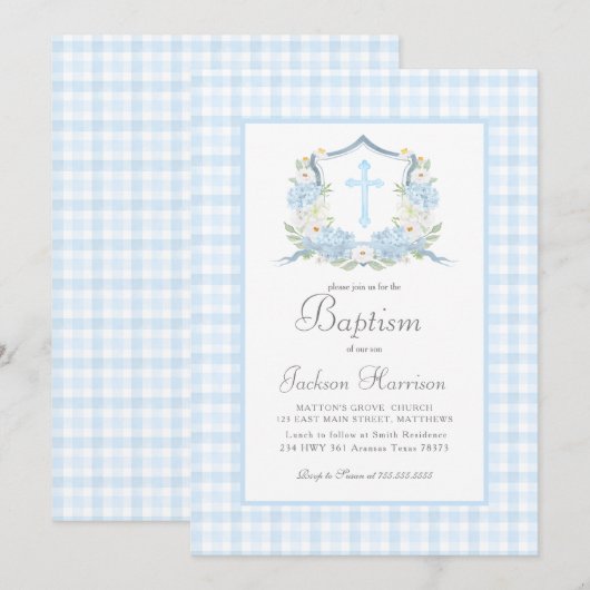 Blue Gingham Baptism Uitnodiging, Jongensdoop Kaart (Voorkant / Achterkant)
