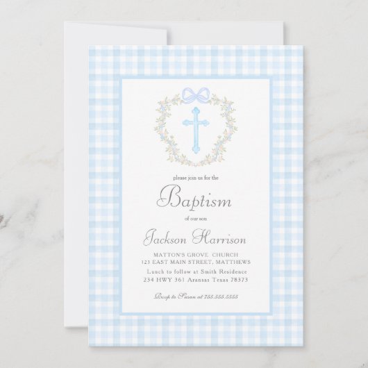 Blue Gingham Baptism Uitnodiging, Jongensdoop Kaart (Voorkant)