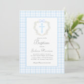 Blue Gingham Baptism Uitnodiging, Jongensdoop Kaart (Staand voorkant)